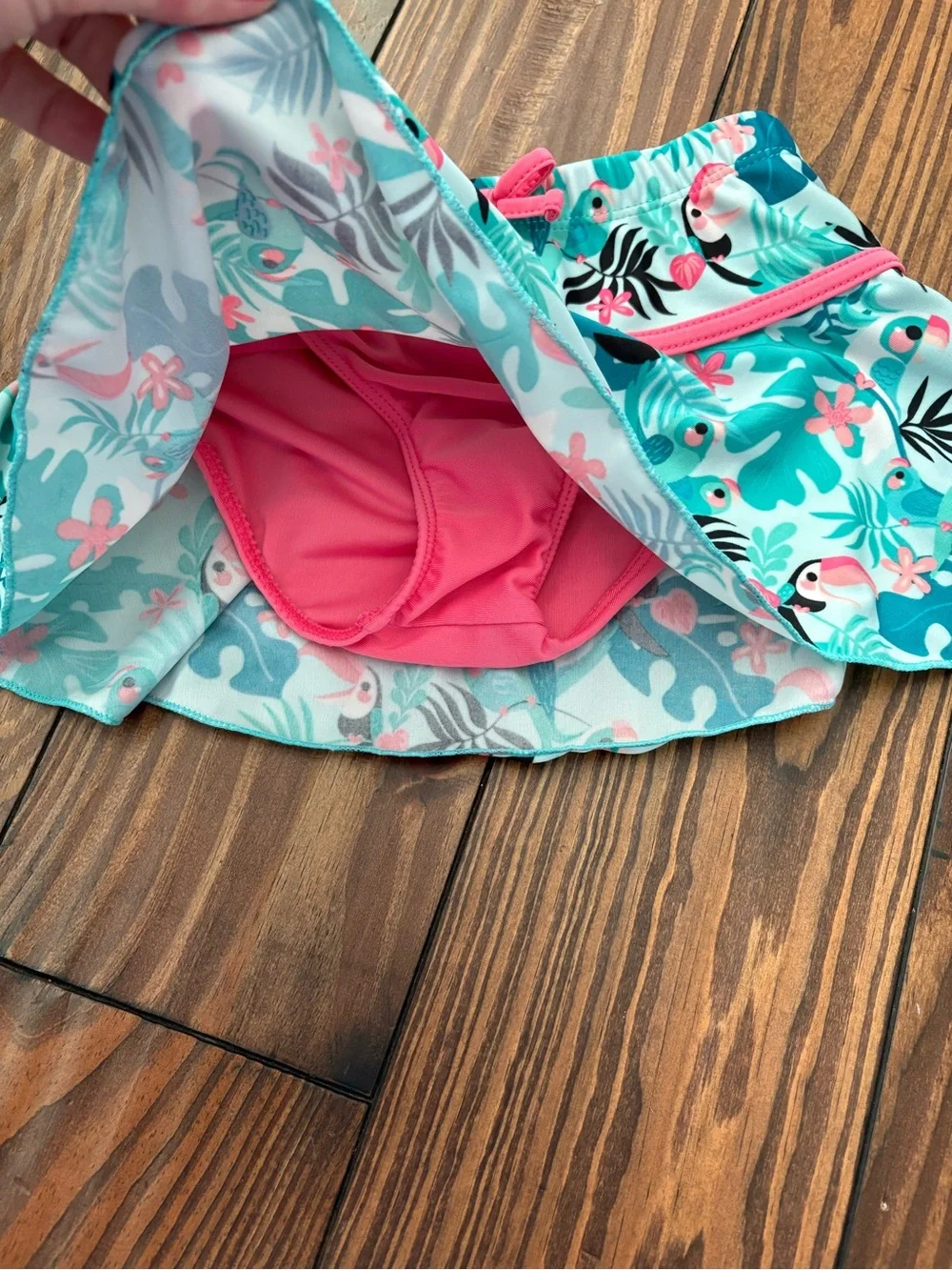 Girls' Turquoise Toucan Swim Skirt with Pink Trim